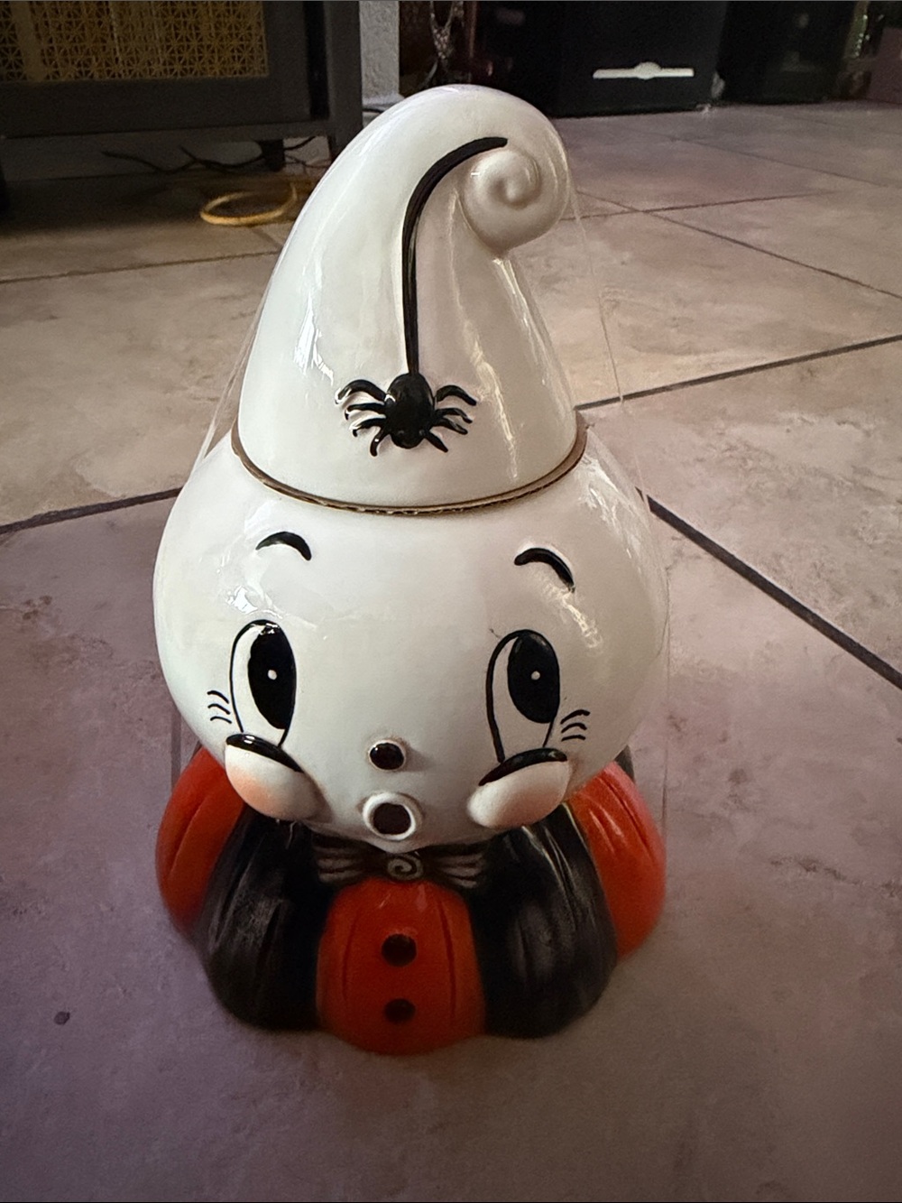 Whimsical White and Orange Ghost Figurine Ceramic jar